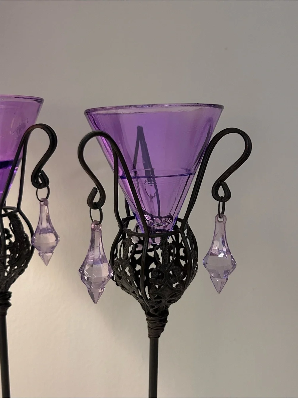 2 Purple Glass Cone Tealight Candle Holders Metal Stands Whimsy Glow Set